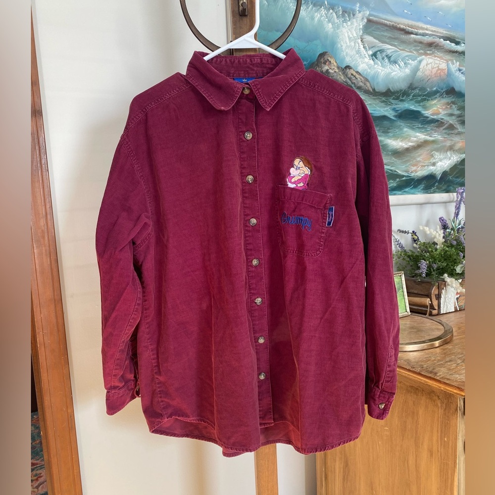 Vintage Disney “Grumpy” maroon corduroy button down shirt